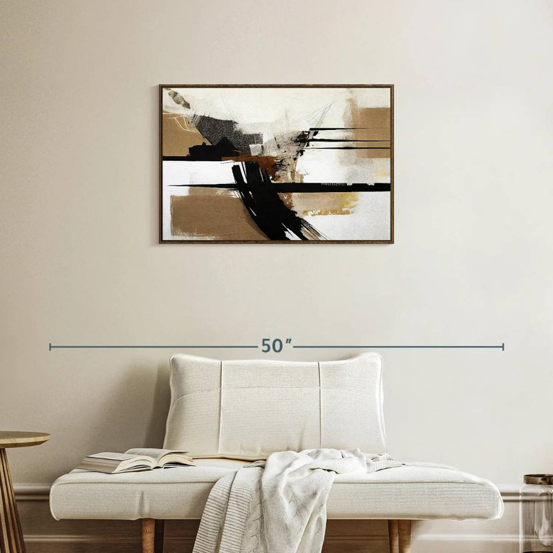 Beige stries chaotiques I, Cadre flottant noyer, 31 po x 21 po