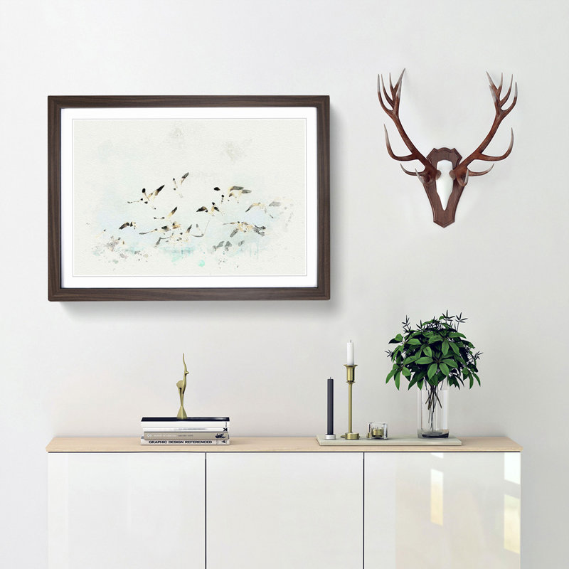 Flock of Seagulls over the Sea in Abstract - Picture Frame Graphic Art Print, Walnut Framed, 27cm H x 36cm W x 2cm D