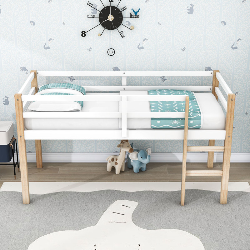 Twin Wood Loft Bed With Ladder And Guardrails, Low-Height Design