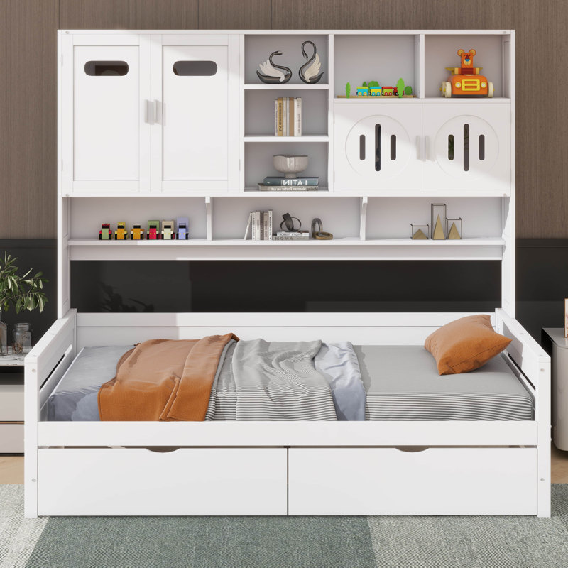 Timber Daybed Featuring Dual Drawers And Integrated Shelving, Twin, White