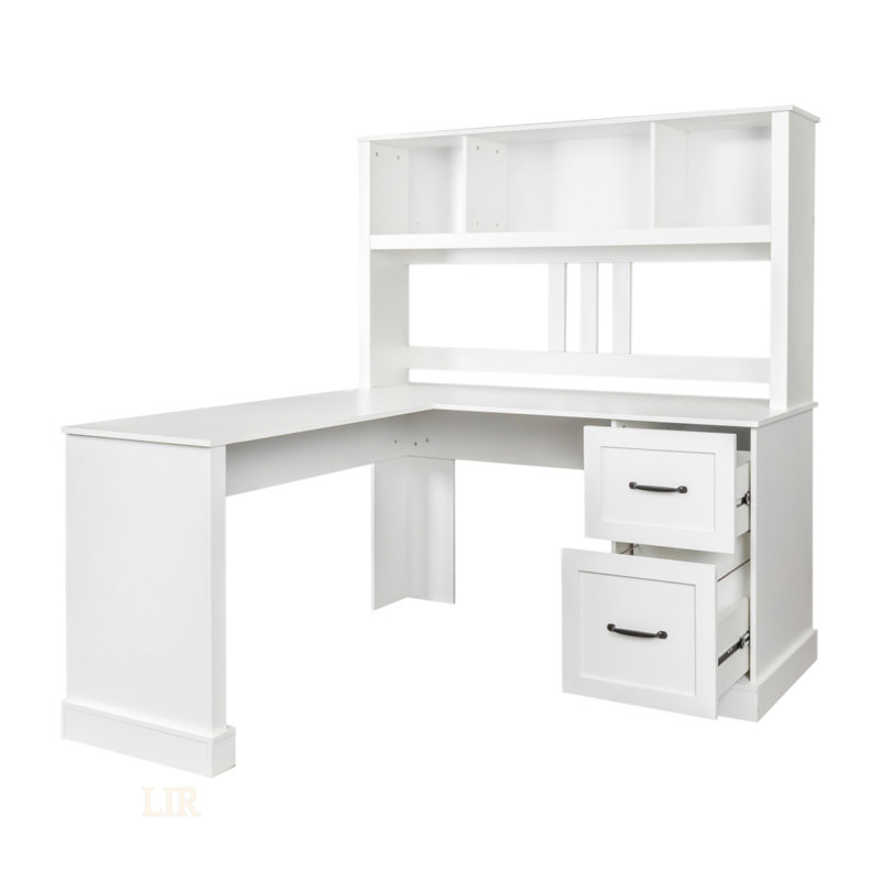 Bureau d'ordinateur blanc antique avec huche, rangement spacieux et grand espace de travail, Blanc
