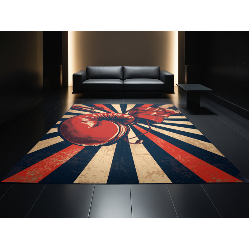 Machine Washable Aguilar Boxing Gloves Classic Striped Rug in Gray – Navy Binding, 7x10