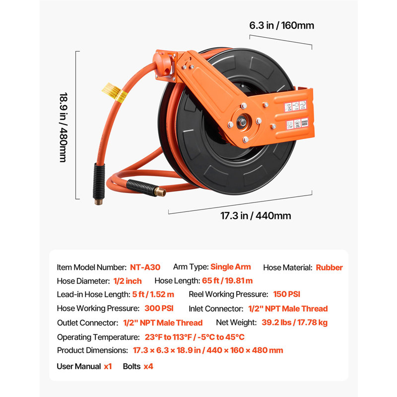 Enrouleur de tuyau d'air rétractable, tuyau en caoutchouc 1/2 po x 65 pi, 300 psi maximum, enrouleur de boyau de compresseur d'air avec enroulement automatique de 5 pi, fixation au plafond / au mur pour les ateliers de garage