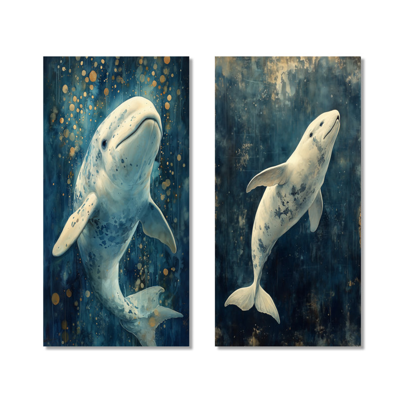 Beluga en tons de blanc et de bleu I - poisson, 2 grandes impressions murales en métal, 40" H x 40" W