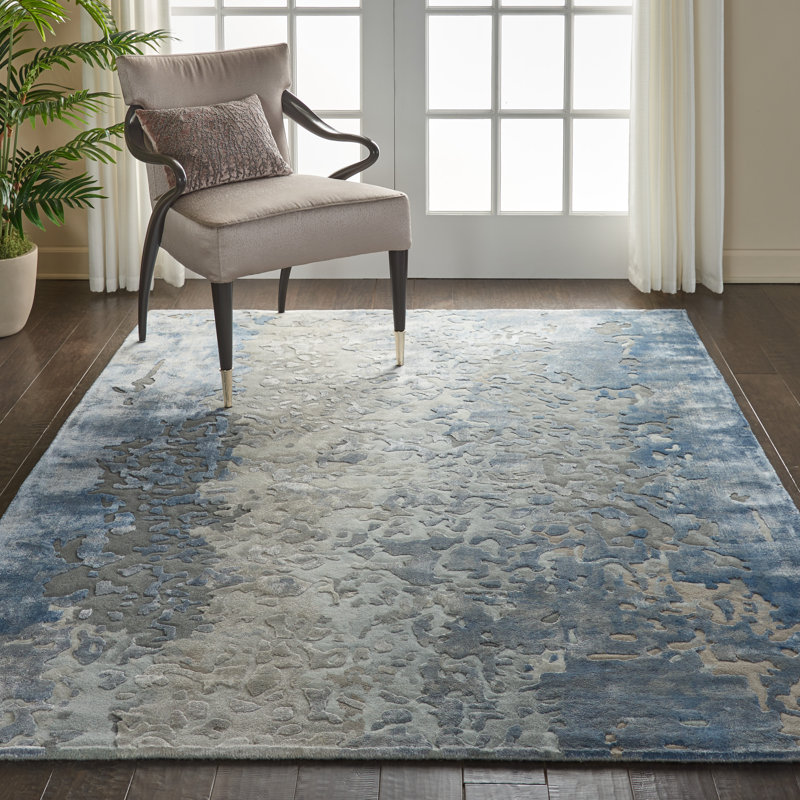 Tapis bleu abstrait moderne fait à la main Versailles, Rectangle 5 pi 6 po x 7 pi 5 po