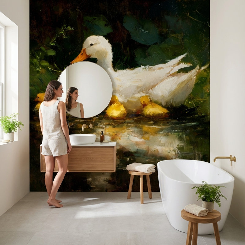 Ducklings Nature Wallpaper Greenery Pond Wall Mural, Textured Non-Pasted, 160"x108"