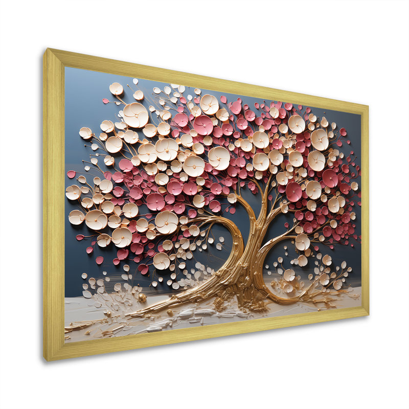 Orchidée rose et or, jardin de branches VI - arbre, art mural, Cadre doré à coins fermés, H 12 po x l 20 po x P 1 po