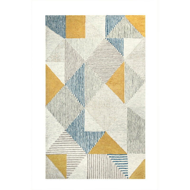 Griffin Geometric Handmade Tufted Wool Blue/Gray/Yellow Area Rug, Rectangle 3' x 5'