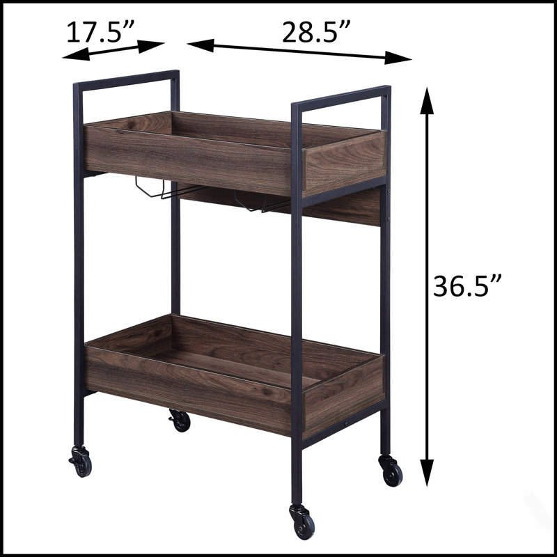 Chariot de service en noyer et noir avec 2 tablettes, plateau en mélamine durable pour une réception élégante et fonctionnelle