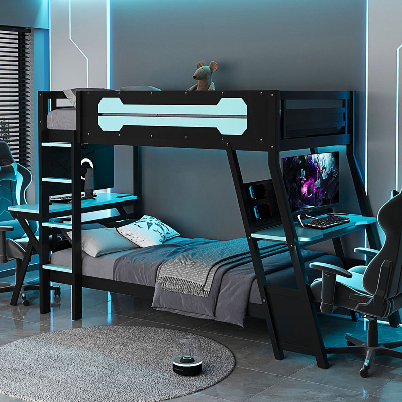 Twin Size Bunk Bed With Two Built-In Gaming Desks, USB Desktop Ports & Pegboard Organizer, Blue, Twin