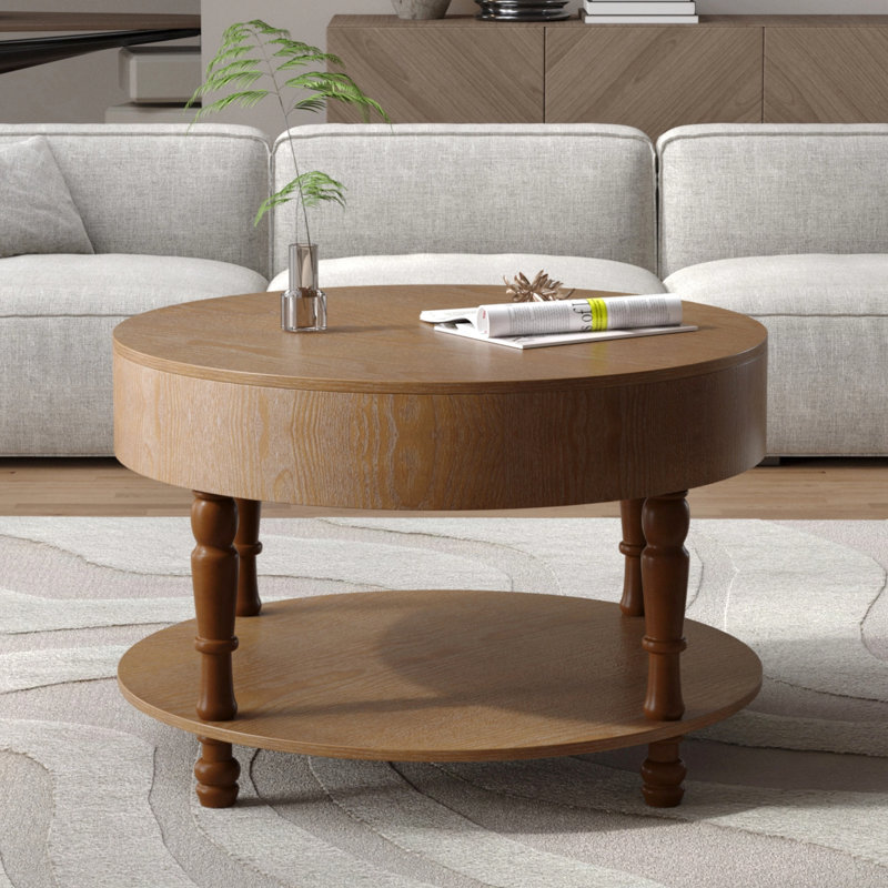 31.5" Round Coffee Table For Primary Living Space, Dual Storage Solution, Flip - Top Lid, Open Shelf, Solid Wood + , Quick Assembly, Walnut Style Table, Tabletop, Easy
