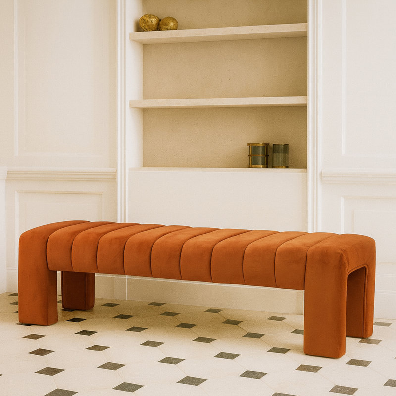 Velvet Upholstered Bench, Cognac Velvet