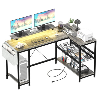 L Shaped Computer Desk with Power Outlet, Reversible Corner Gaming Desk with Monitor Stand & Storage Shelves, Home Office Desk with Storage Bag, Writing Desk Table, grey