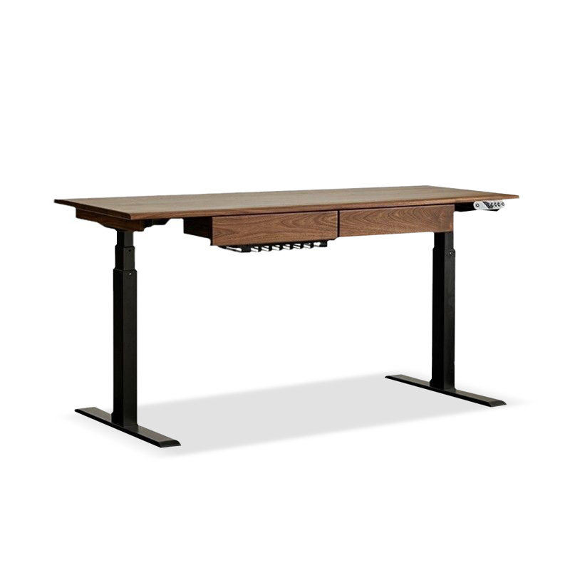 Bureau à 2 tiroirs brun noisette + bois rectangulaire réglable en hauteur + acier au carbone noir