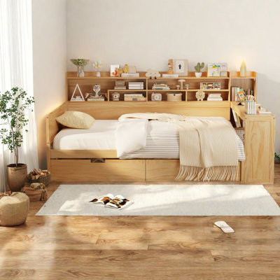 Lit double en bois compact avec rangement et bureau, style moderne