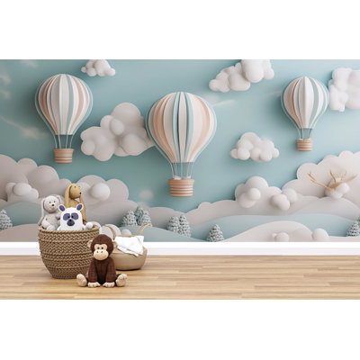 3D Paper Art Hot Air Balloons Wallpaper – Soft Pastel Cloudy Sky Kids Mural, Whimsical Nursery Wall Art, Cartoon Balloon Landscape Decoration (Peel-N-Stick) VN259