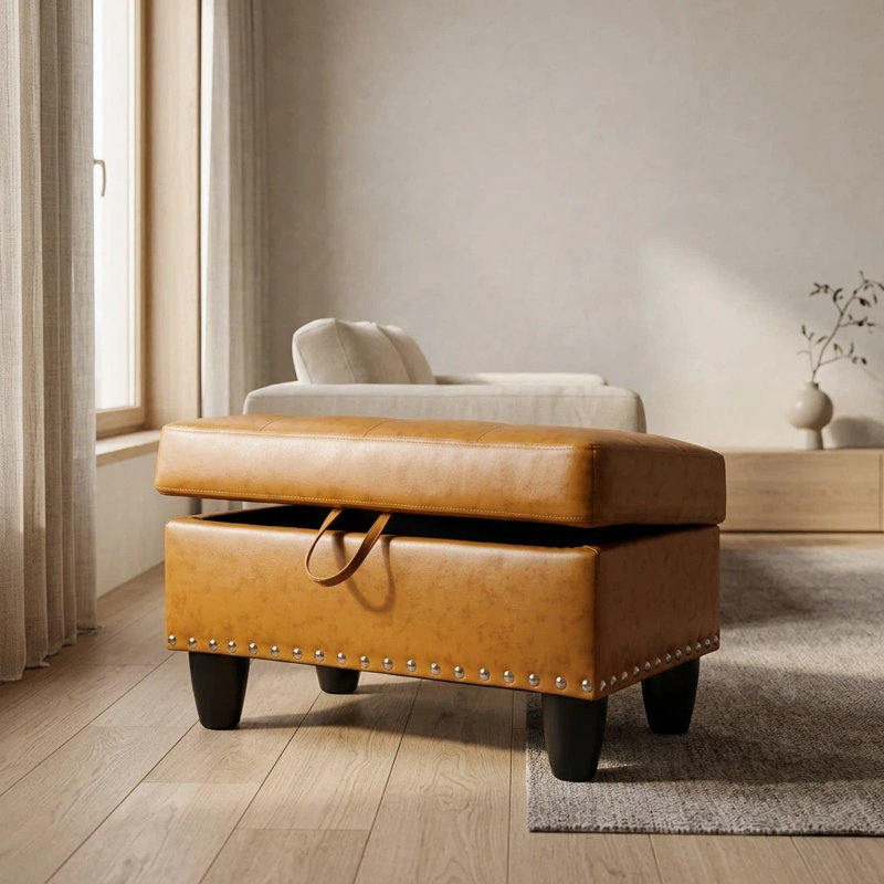 Repose-pieds de rangement en cuir synthétique 28,5 pouces jaune moutarde et semi-polyuréthane