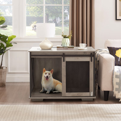 Functional Dog Crate Furniture With Flip-Top Plate And Side Compartment, Gray House Sliding Door Detachable Partition For Versatility