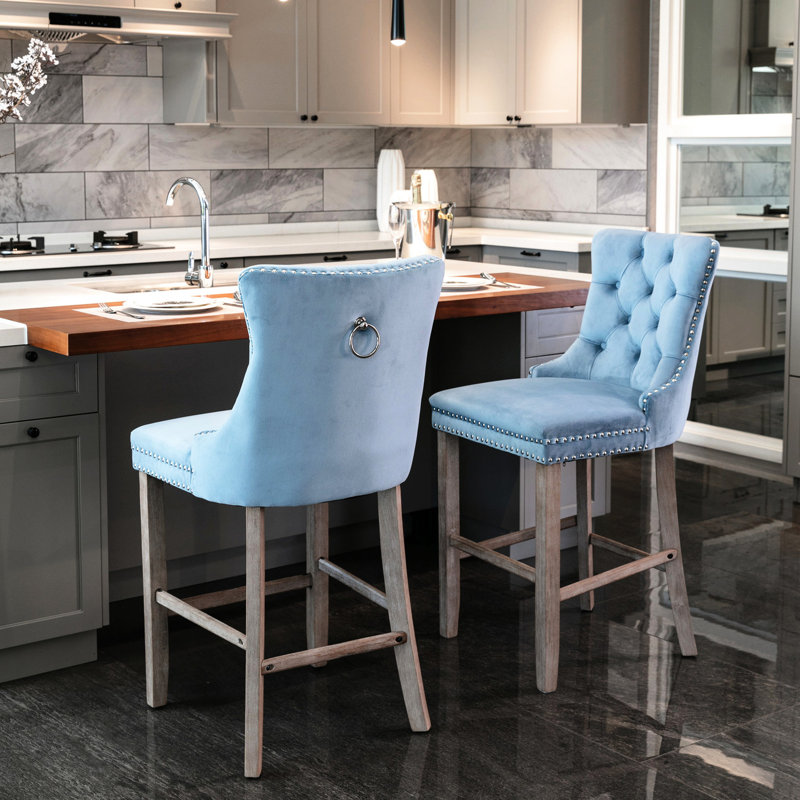 Velours bleu avec tiroirs faits à la main, pieds en bois, assise confortable, 2 coussins,, Bleu clair, Naturel