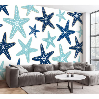 Papier peint adhésif pelez et collez Étoile de mer nautique répétée Bleu marine, turquoise, blanc, papier autocollant amovible, décoration murale pour le salon, chambre à coucher H 100 po x l 144 po