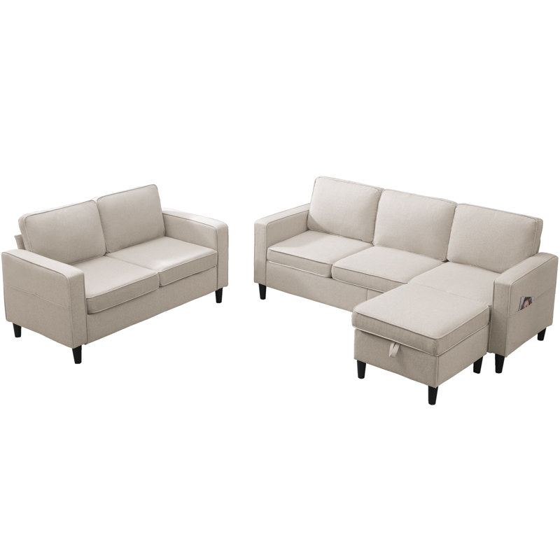  Balus 78"W 2PCS Linen Living Room Sofa Set, 3-Seat Couch＋Loveseat,Convertible Couch with Storage Ottoman,for Apartment,Office and Small Spaces-Beige