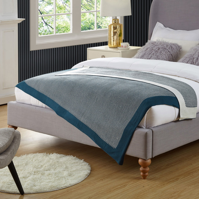 Jeté tricoté en acrylique à pois, Bleu