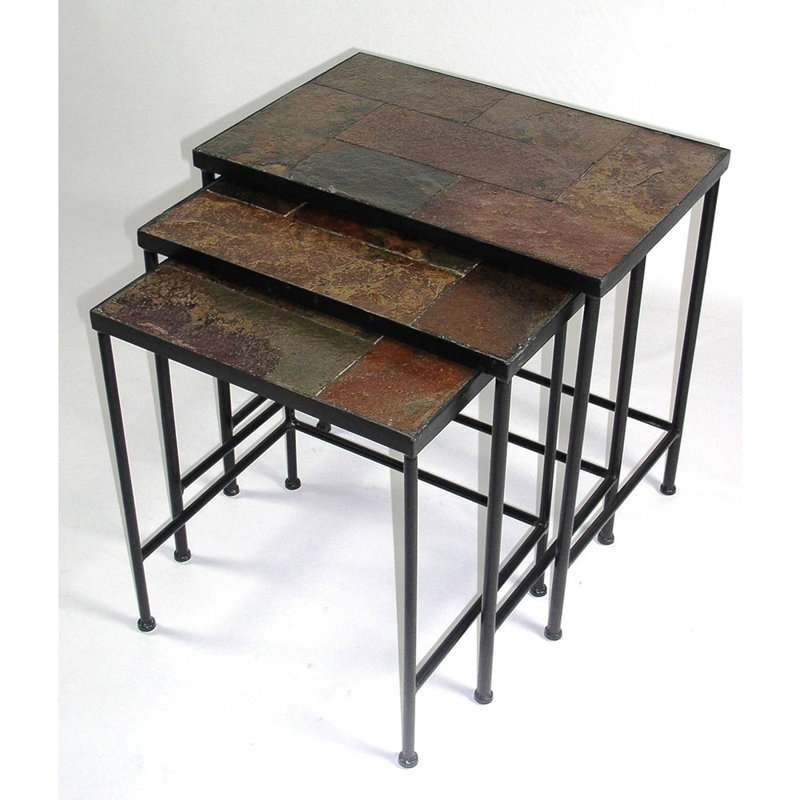Set Of 3 Nesting Tables With Slate Tabletops, Solid Real Stone End Tables, Side And Accent Tables For Living Room Use