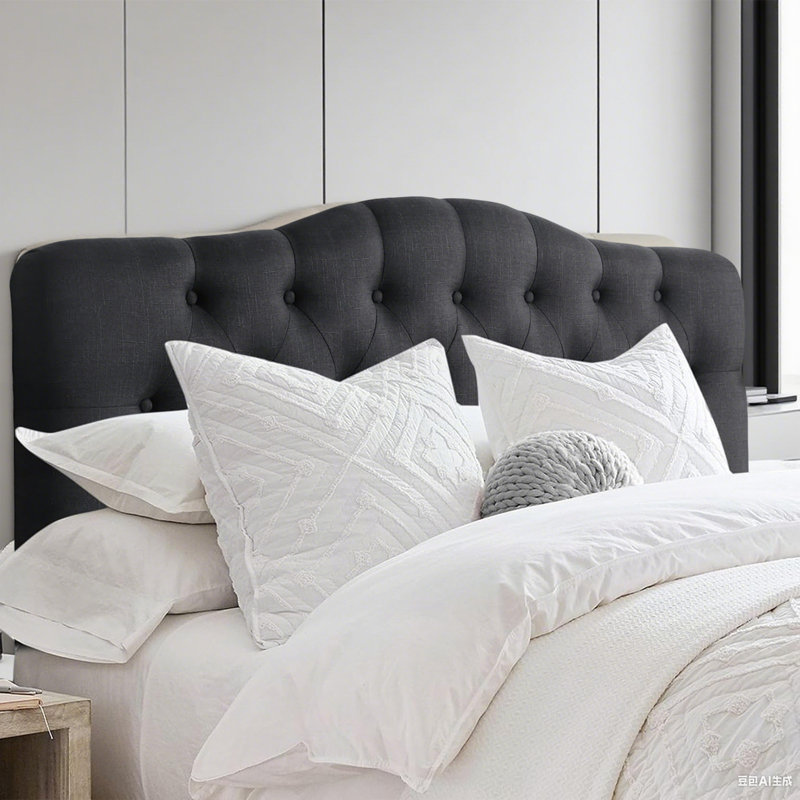 Linen Upholstered Headboard-Modern-Adjustable Height-Button Tufting, Black, King