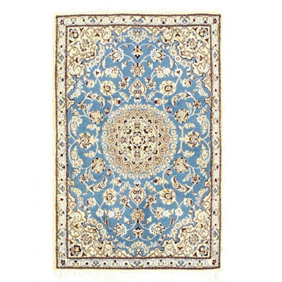 Tapis bleu clair / beige en laine / coton 2 pi 11 po x 4 pi 6 po Savera
