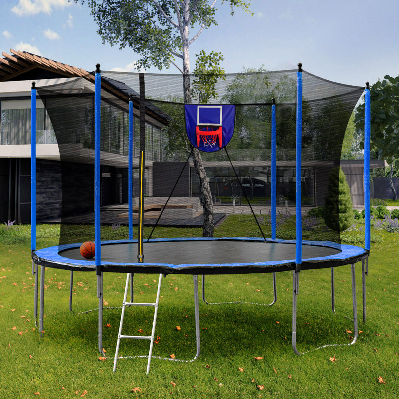 Trampoline 15 pi avec gonfleur et échelle pour panier de basketball, 6 pièces de filet de sécurité supplémentaire - bleu