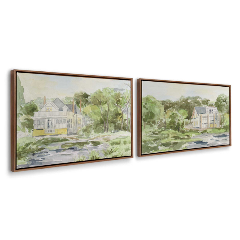 Cozy Green Escape, ensemble de 2 impressions, 30" x 20", Framed Canvas, Walnut