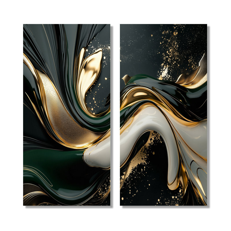 Or noir et marbre noir captivant - art abstrait sur toile, art mural abstrait noir, ensemble de 2, H 20 po x l 24 po