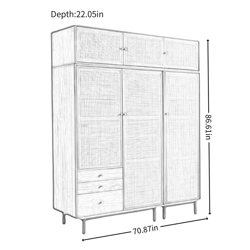 Simple Solid Wood and Rattan Woven Wardrobe