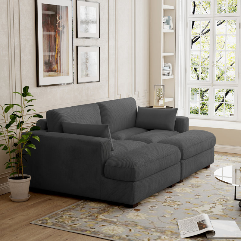 Stoneville 83.85" Wide Modern Upholstered Square Armrests Sofa & Chaise with Solid Wood Leg, Gray