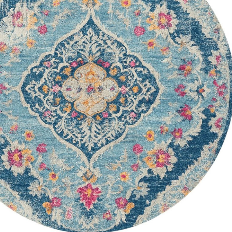 5' Blue and Gray Oriental Distressed Round Rug
