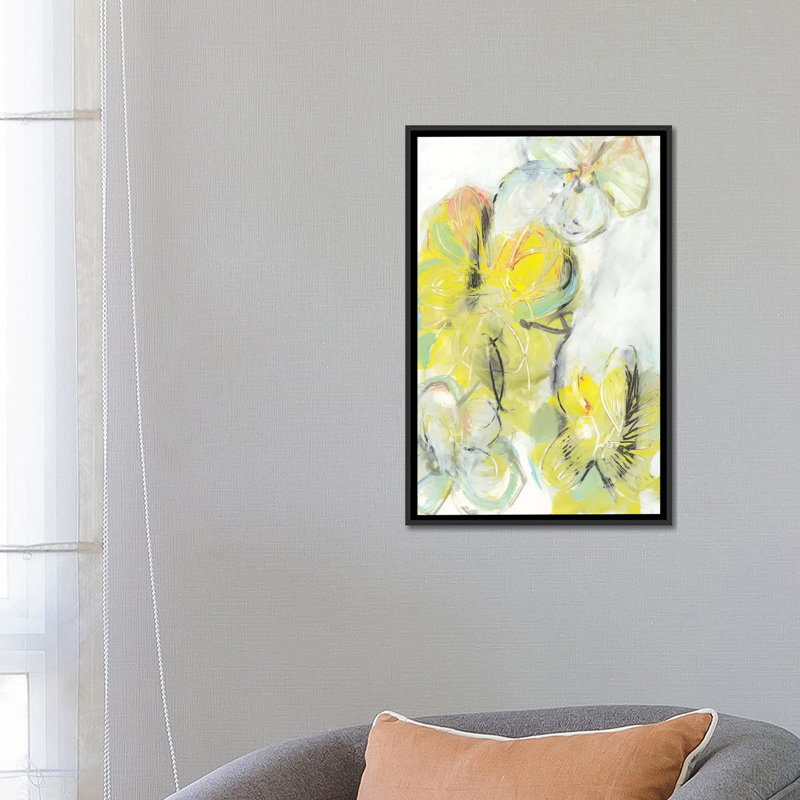 « yellow floral abstract ii », impression sur toile, H 26 po x l 18 po x P 1,5 po, Toile avec cadre noir, Pas de tapis