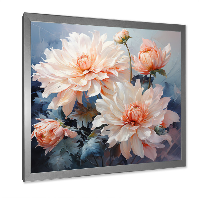 Impression romantique «I Peach Chrysanthemums Peach», H 30 po x l 30 po x P 1 po, Cadre photo argenté