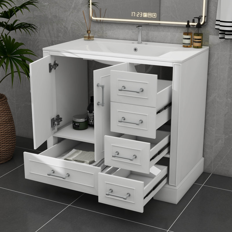 Meuble-lavabo traditionnel 36 po avec lavabo en céramique, armoire de salle de bain avec deux portes à fermeture douce et quatre tiroirs