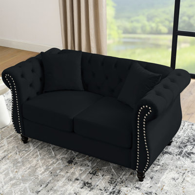 Black Velvet 2 - 58.8" With Seat And Back, Rolled Arms, Nailhead Trim, Soft Foam, 2 Pillows For A Feel Person Couch Living Room, Apartment Design Modern Vibe