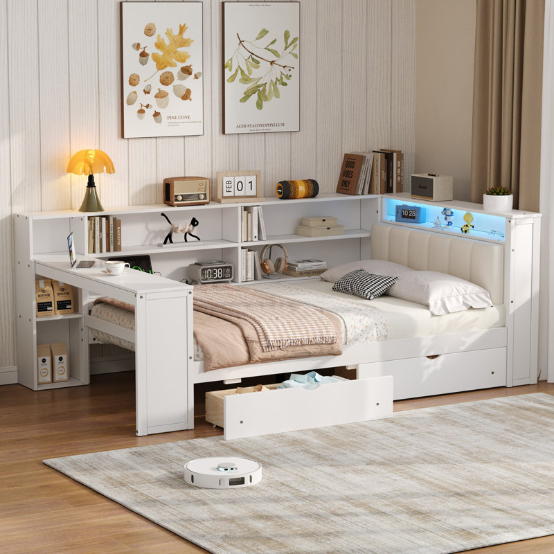 Lit plateforme avec tablettes de rangement, Beige / Blanc, Complet/Double
