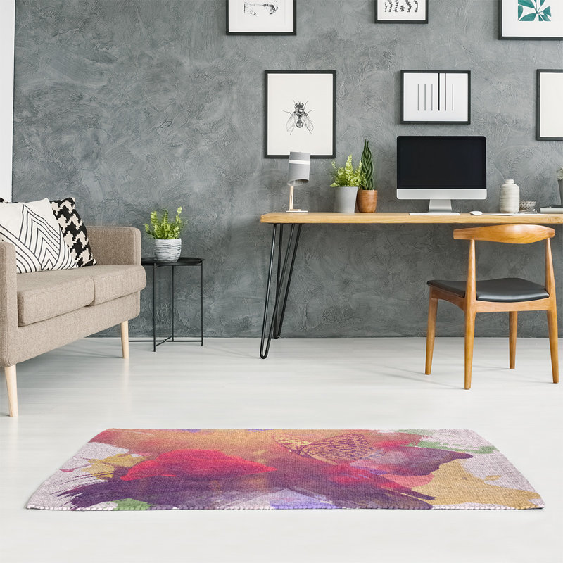 Tapis rouge/jaune/bleu à papillon classique et rose, Rectangle 3 pi x 5 pi