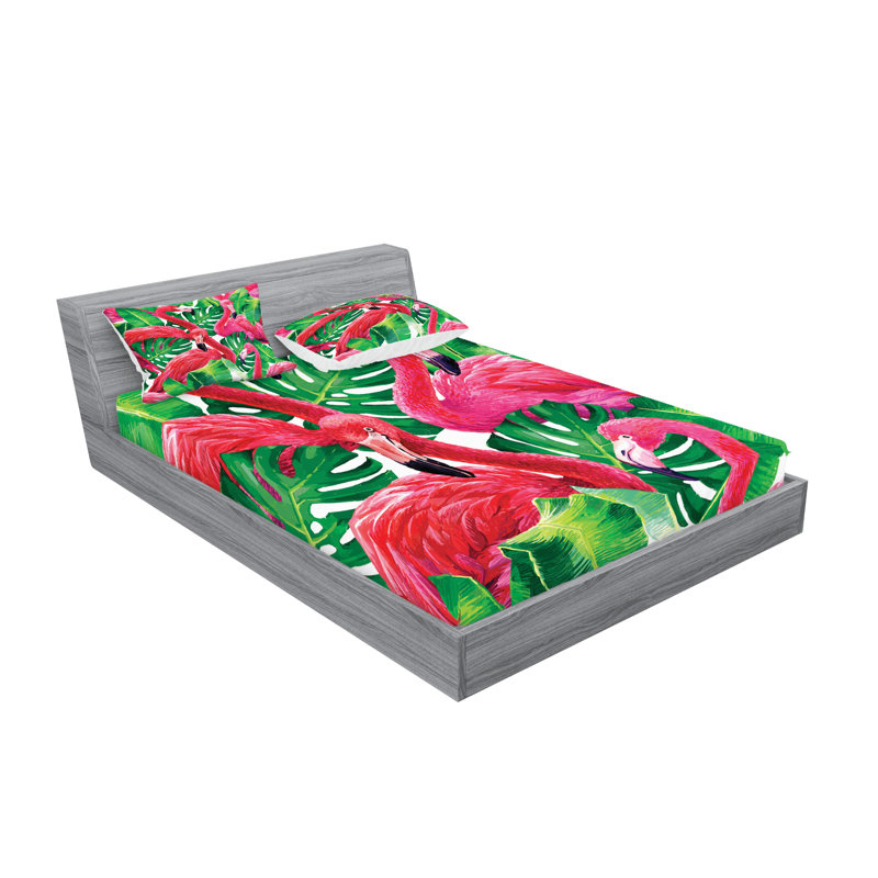 Drap-housse et coussin décoratif Ambesonne Flamingo rose vert, Ensemble de draps pour très grand lit californien