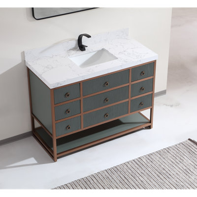 Meuble-lavabo 48 po avec cadre en acier inoxydable brossé doré et finition vert étain avec plateau de 2 po d'épaisseur