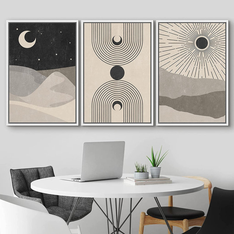 «Mid Century Modern Boho», ensemble de 3 impressions sur toile, H 24 po x l 48 po x P 1,5 po, Blanc