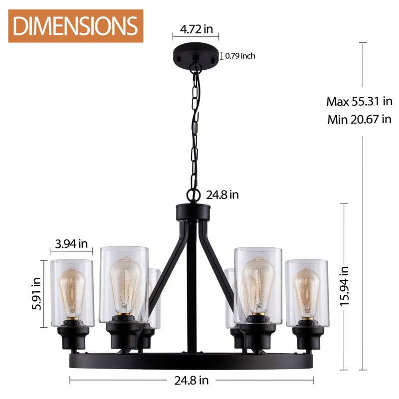 Modern Black Chandelier, Vintage Candle Farmhouse Ceiling Pendant Light Fixture with Glass Shade