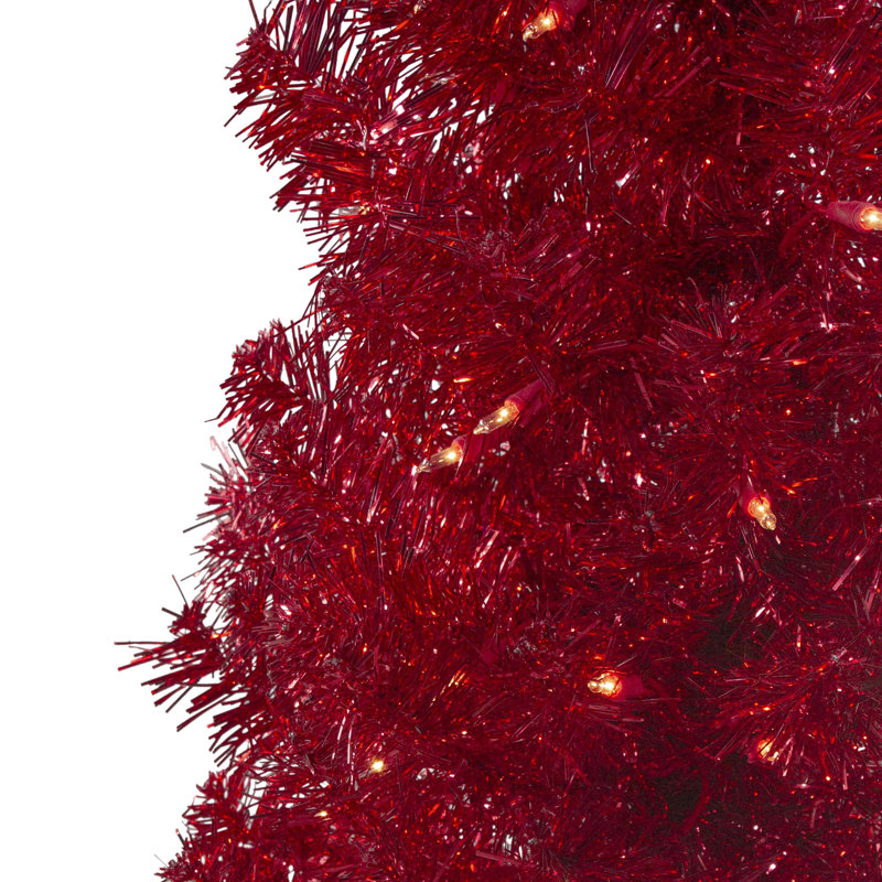 4' Pre-Lit Red Tinsel Slim Christmas Tree with Clear Lights