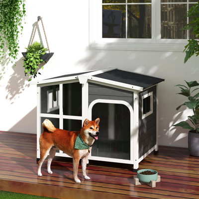 Abri pour chien en bois pour grandes canines - style chalet avec toit et fenêtre ouverts, gris, pluie, peut supporter jusqu'à 66 lb Chiens de cabane de style chalet, vue de l'extérieur géante intérieure, asphalte gris