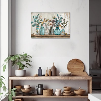  Flower Canvas Wall Art, Rustic Country Floral Glass Vase Pictures, Vintage Blue Botanical Still Life Prints Serene Ambiance Painting Decor for Bathroom Bedroom Living Room Wall Artwork, 12x16 inches