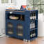 Îlot de cuisine à roulettes bleu marine avec table extensible, lumières DEL, prises de courant, armoire de rangement et tablettes ouvertes-1836954103