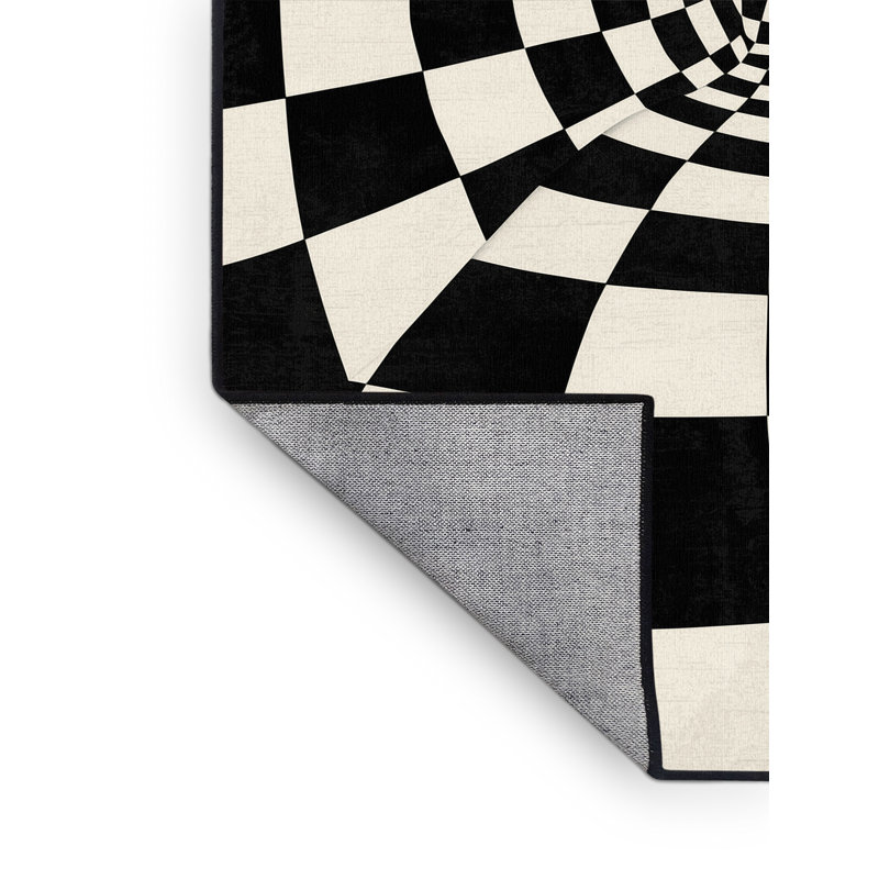 Machine Washable Pahola Art Deco Checkered Rug in Blue – Black Binding, 5' Square